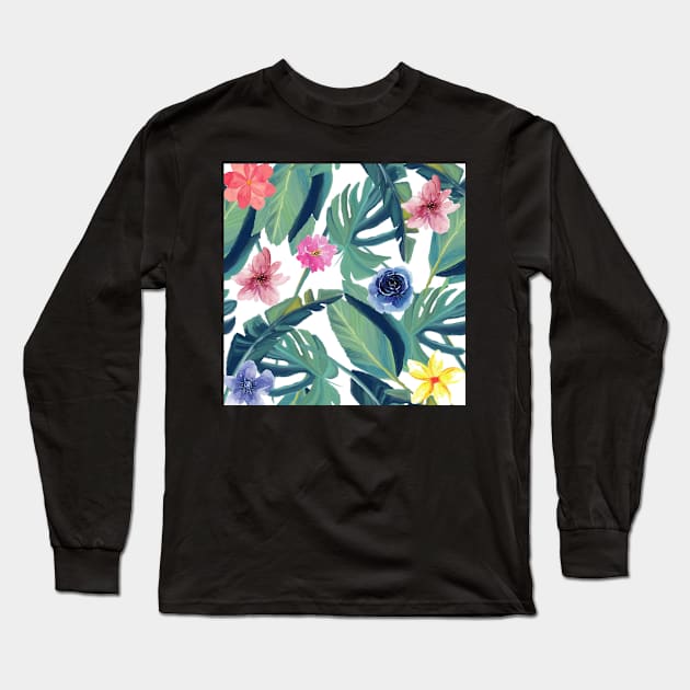 Tropical Exotic Green Pastel Leaves with Pastel Flowers Botanical Pattern Long Sleeve T-Shirt by silviaol
